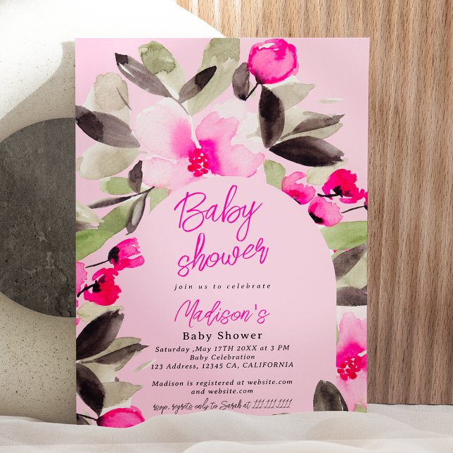 Boho pink green floral watercolor baby shower invitation (Boho pink green floral watercolor baby shower invitation on pink)