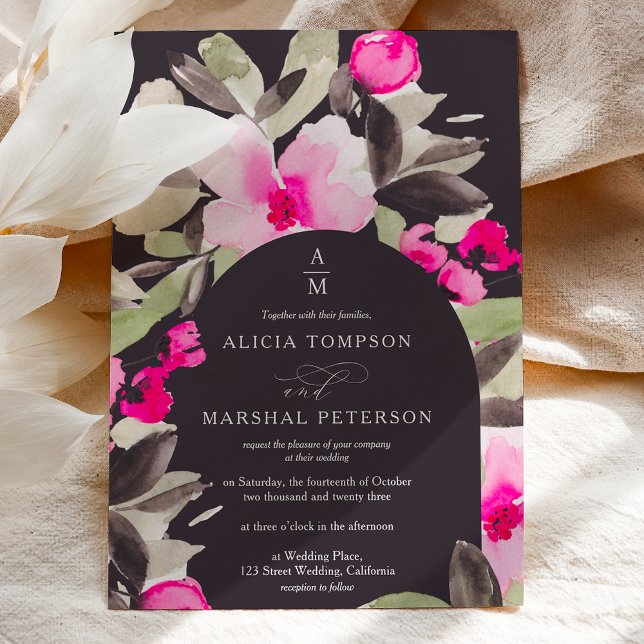 Boho pink green floral watercolor wedding invitation (Boho pink green floral watercolor wedding invitation on dark)