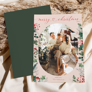 Boho Pink Green Foliage Photo Christmas Card