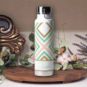 Boho Pink Green Gold Geometric Water Bottle