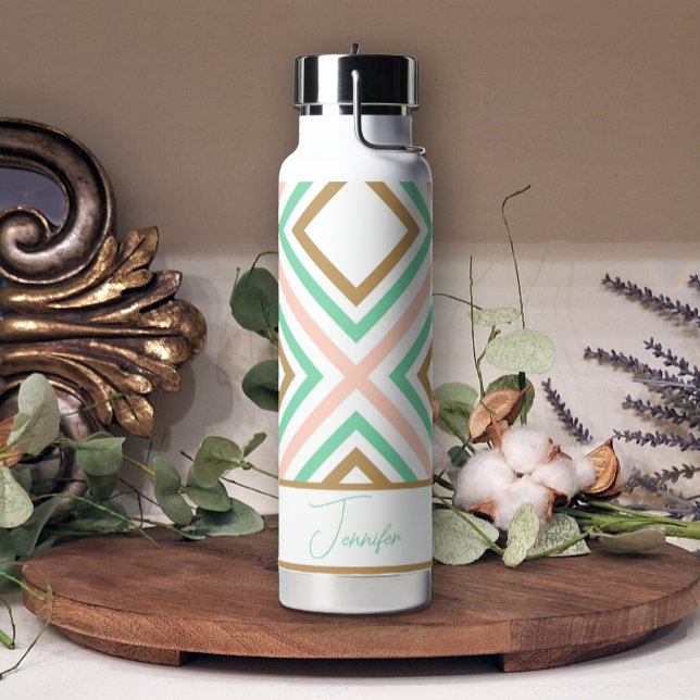 Boho Pink Green Gold Geometric Water Bottle (Creator Uploaded)