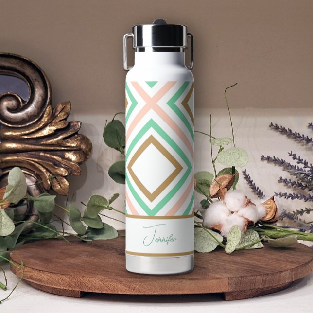 Boho Pink Green Gold Geometric Water Bottle (Creator Uploaded)