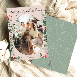 Boho Pink Green Oval Photo Merry Christmas Card