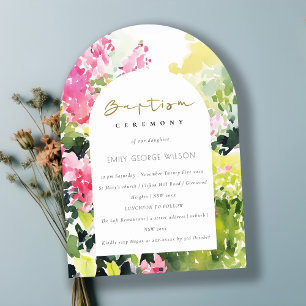 Boho Pink Green Tropical Bougainvillea Baptism Invitation