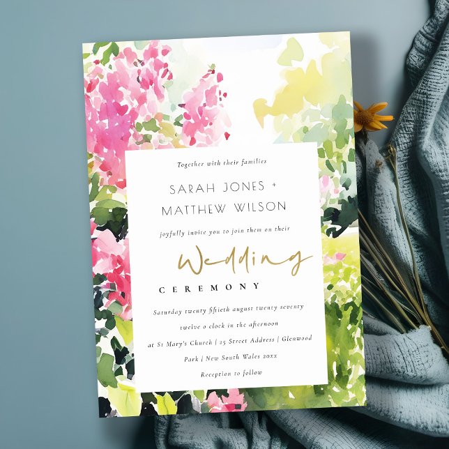 Boho Pink Green Tropical Bougainvillea Wedding Invitation (Creator Uploaded)