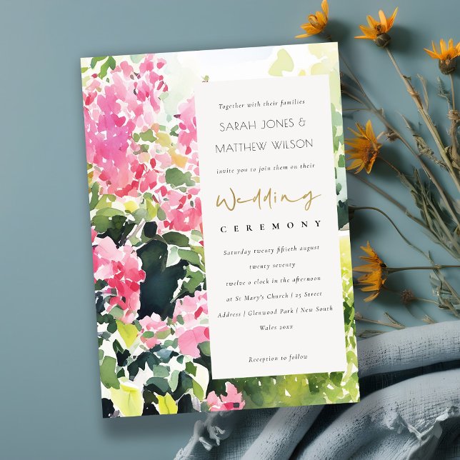 Boho Pink Green Tropical Bougainvillea Wedding Invitation (Creator Uploaded)