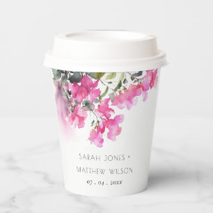 Boho Pink Green Tropical Bougainvillea Wedding Paper Cups