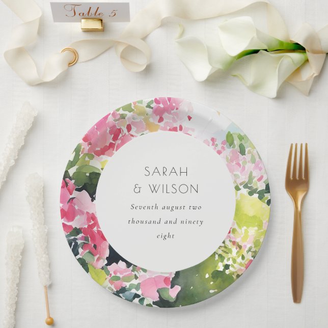 Boho Pink Green Tropical Bougainvillea Wedding Paper Plate (Wedding)
