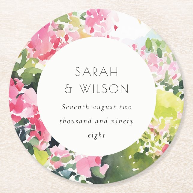 Boho Pink Green Tropical Bougainvillea Wedding Round Paper Coaster (Front)