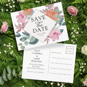 Boho Pink & Green Watercolor Floral Save the Date Announcement Postcard