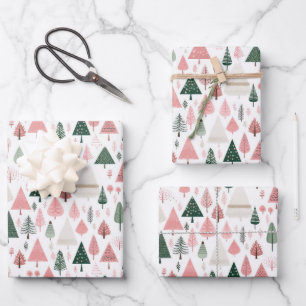 Boho Pink Green Whimsical Seasonal Christmas Trees Wrapping Paper Sheet