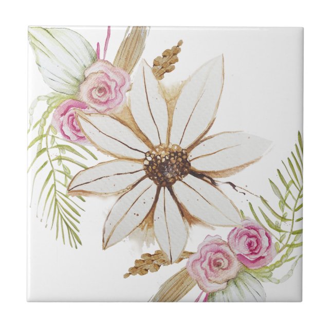 Boho Pink Green White Brown Floral Decorative  Tile (Front)