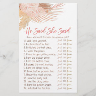 Boho Pink He Said She Said Bridal Shower Game Stationery