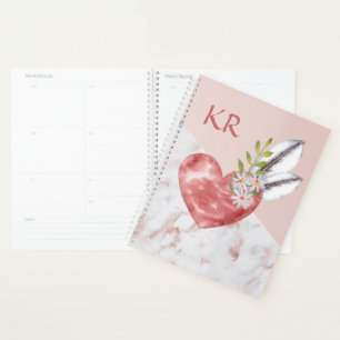 Boho Pink Heart Feathers Daisy Marble Pattern Planner