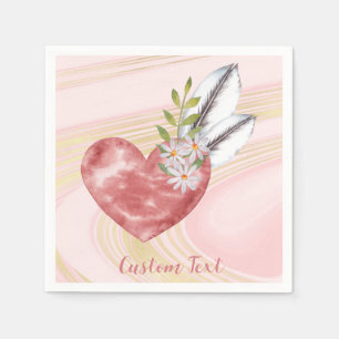 Boho Pink Heart Feathers Personalised Napkin