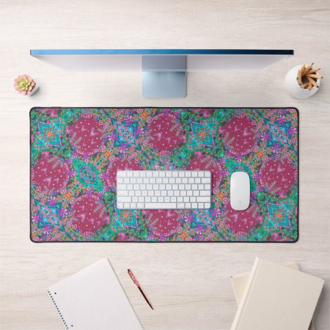 Boho Pink Heart Floral Pattern Fun Inspirivity Desk Mat (Office 1)