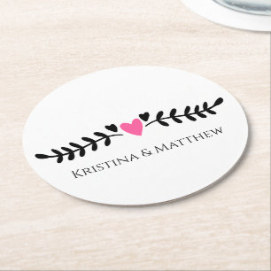 Boho Pink Heart Laurel Black White Wedding Round Paper Coaster