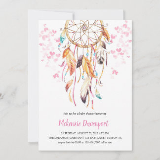 Boho Pink Heart Pink Dreamcatcher Girl Baby Shower Invitation