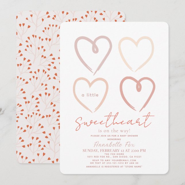 Boho Pink Hearts Little Sweetheart Baby Shower Inv Invitation (Front/Back)