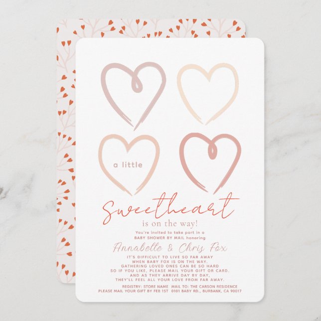 Boho Pink Hearts Sweetheart Baby Shower by Mail Invitation (Front/Back)