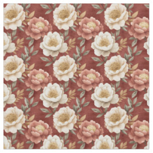 Boho Pink & Ivory Floral on Mottled Maroon Fabric