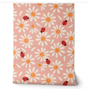 Boho Pink Ladybugs and Daisies Wallpaper