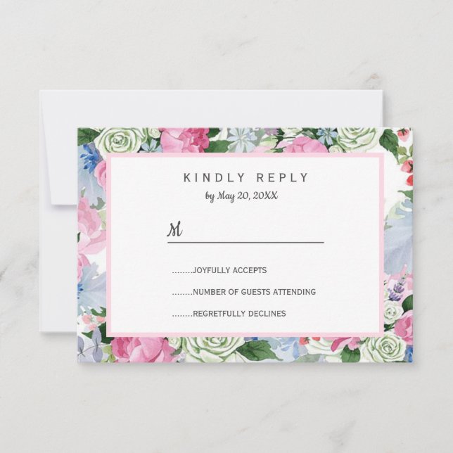 Boho pink lavender blue meadow lowers Wedding RSVP (Front)