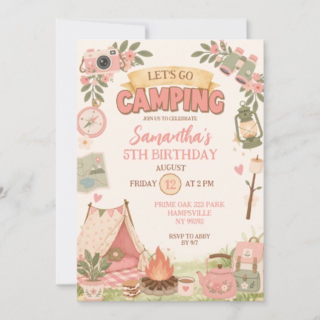 Boho Pink Let's Go Camping Birthday Invitation (Front)