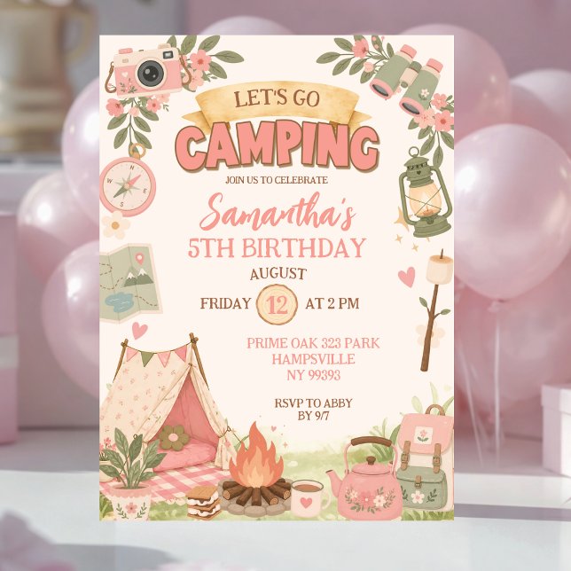 Boho Pink Let's Go Camping Birthday Invitation (Creator Uploaded)