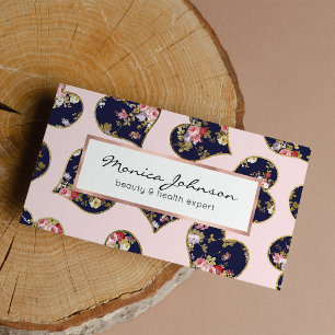 Boho pink navy blue gold valentine floral hearts business card