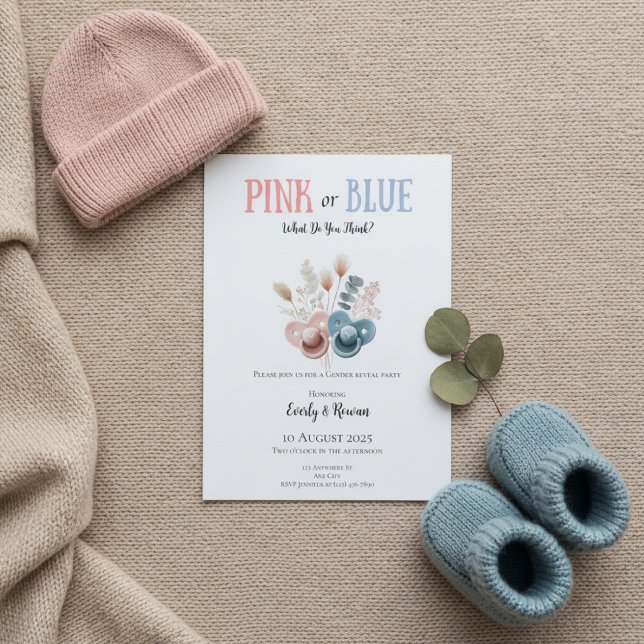 Boho Pink or Blue Gender Reveal Invitation (Gender reveal invitation on beige knit blanket with pink hat, blue booties and eucalyptus)
