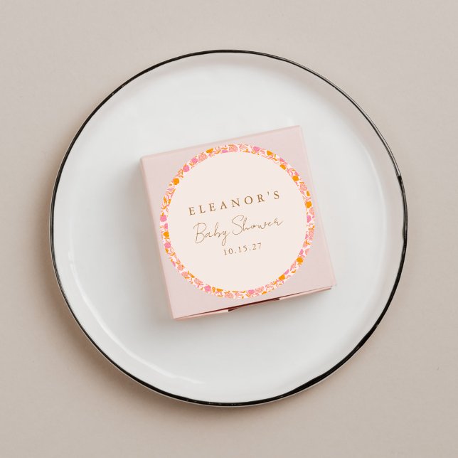 Boho Pink Orange Floral Cute Baby Shower Custom Classic Round Sticker (Creator Uploaded)