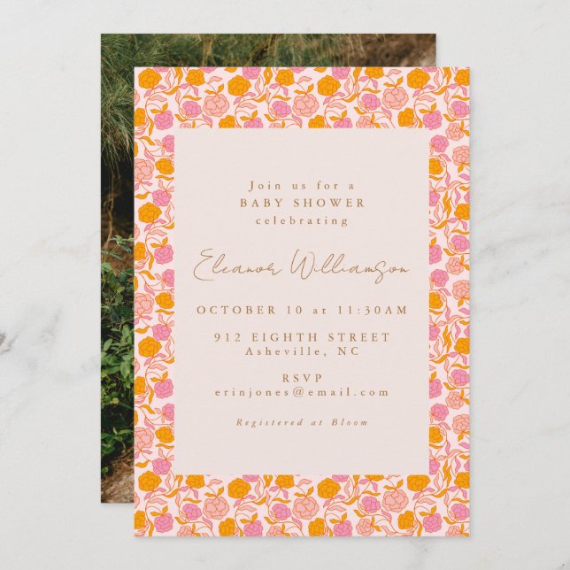 Boho Pink Orange Floral Cute Baby Shower Photo Invitation (Front/Back)
