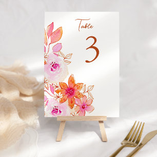 Boho Pink Orange Flowers Custom  Table Number