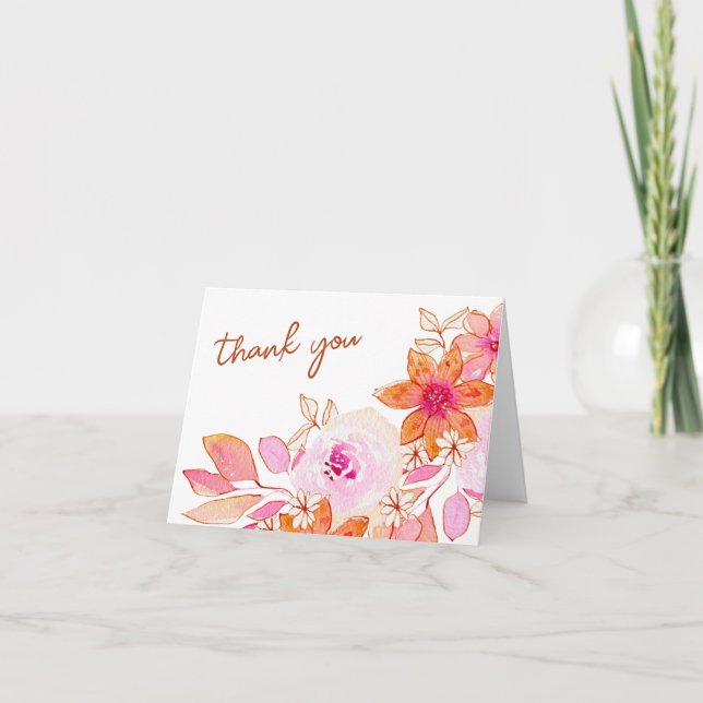 Boho Pink Orange Flowers Shower Folded Thank You Card (Front)
