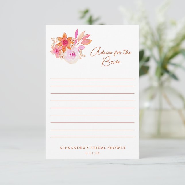 Boho Pink Orange Flowers Shower For The Bride Advice Card (Standing Front)