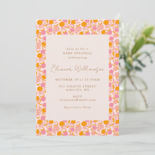 Boho Pink Orange Retro Floral Baby Sprinkle Party Invitation