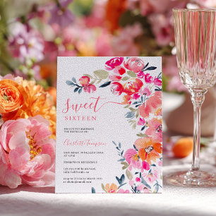Boho Pink Orange Watercolor Floral Sweet 16 Invitation