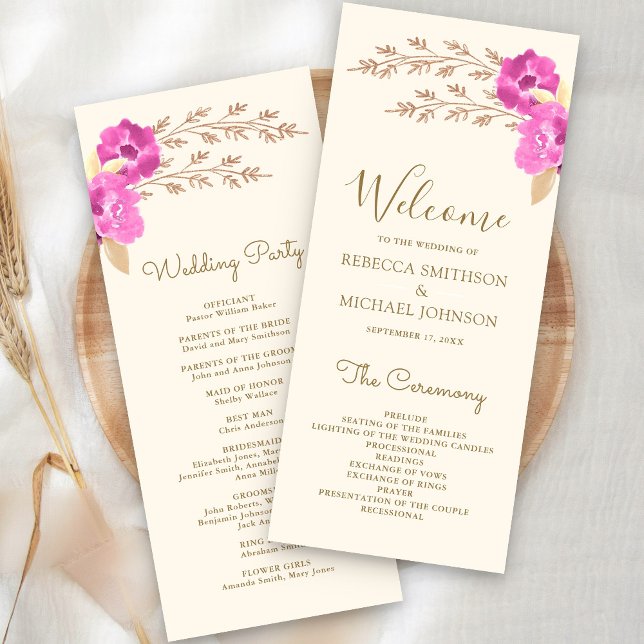Boho Pink Orchid Floral Ivory Wedding Programme (Creator Uploaded)