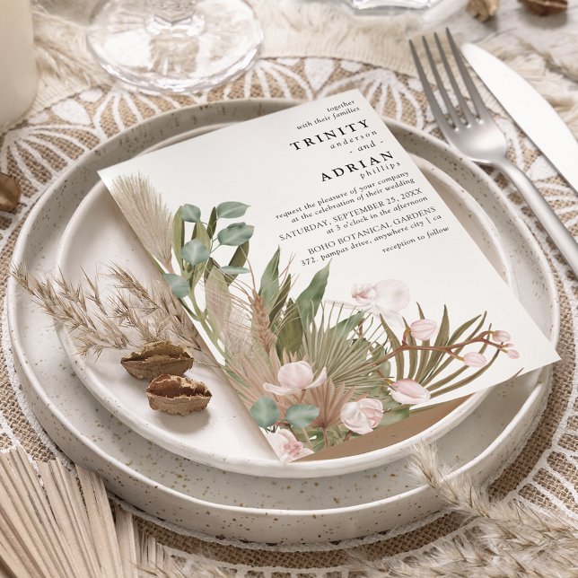 Boho Pink Orchids Dried Leaves with Pampas Wedding Invitation (Creator Uploaded)