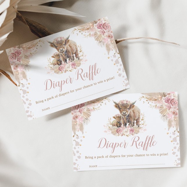 Boho Pink Pampas Floral Highland Cow Diaper Raffle Enclosure Card (Creator Uploaded)