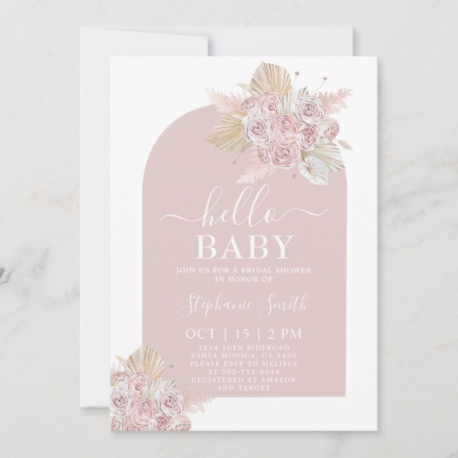 Boho pink Pampas Grass Baby Shower Girl Invitation (Front)