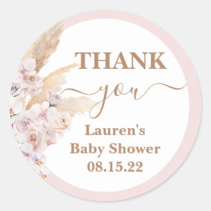Boho Pink Pampas Grass Baby Shower Round Sticker
