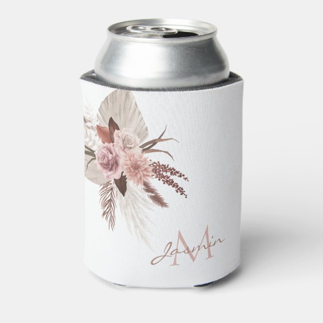 Boho Pink Pampas Grass Dried Flowers Monogram Can Cooler (Can Back)