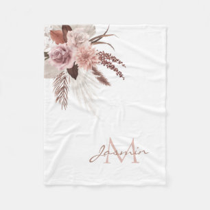 Boho Pink Pampas Grass Dried Flowers Monogram Fleece Blanket