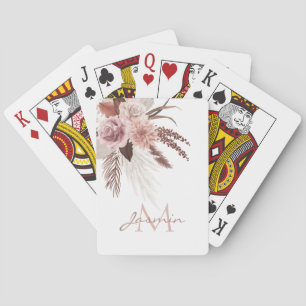 Boho Pink Pampas Grass Dried Flowers Monogram Playing Cards