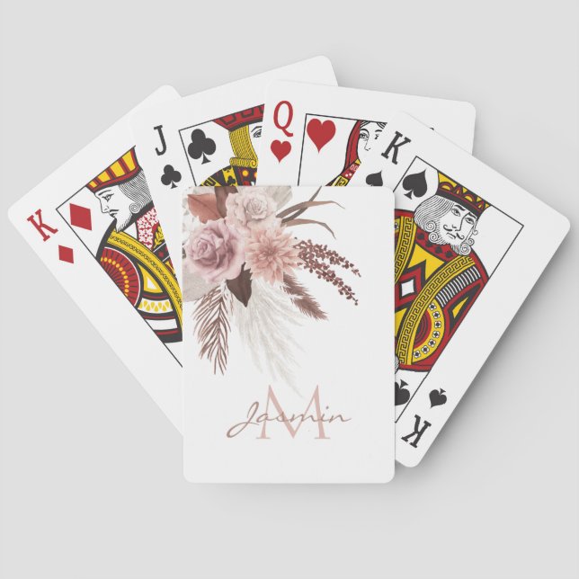 Boho Pink Pampas Grass Dried Flowers Monogram Playing Cards (Back)