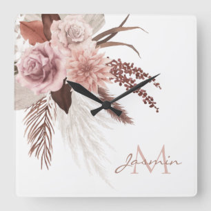 Boho Pink Pampas Grass Dried Flowers Monogram Square Wall Clock