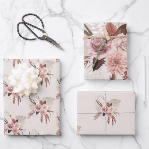 Boho Pink Pampas Grass Dried Flowers Wrapping Paper Sheet