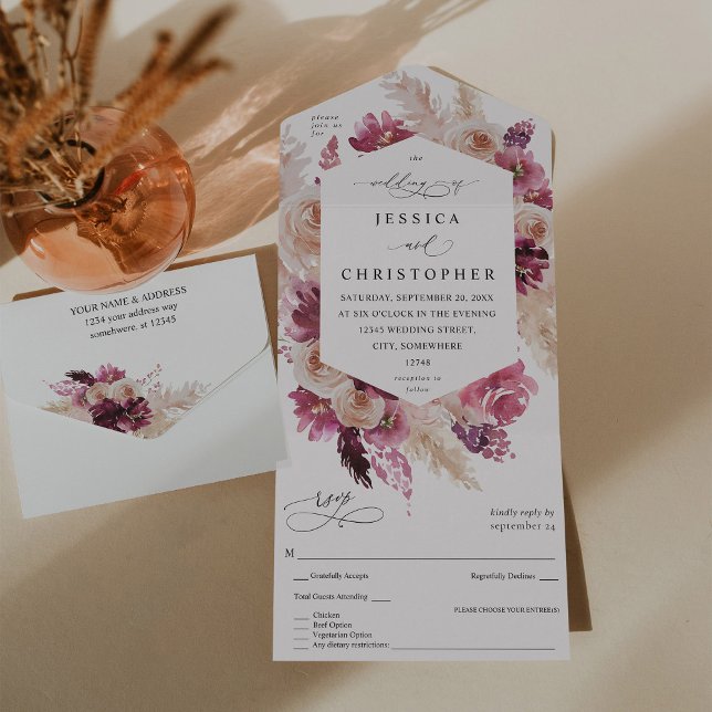 Boho Pink Pampas Grass Floral Wedding All In One Invitation (Creator Uploaded)